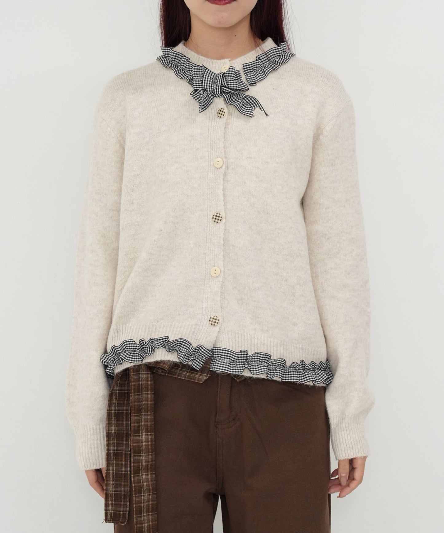 gingham frill knit cardigan