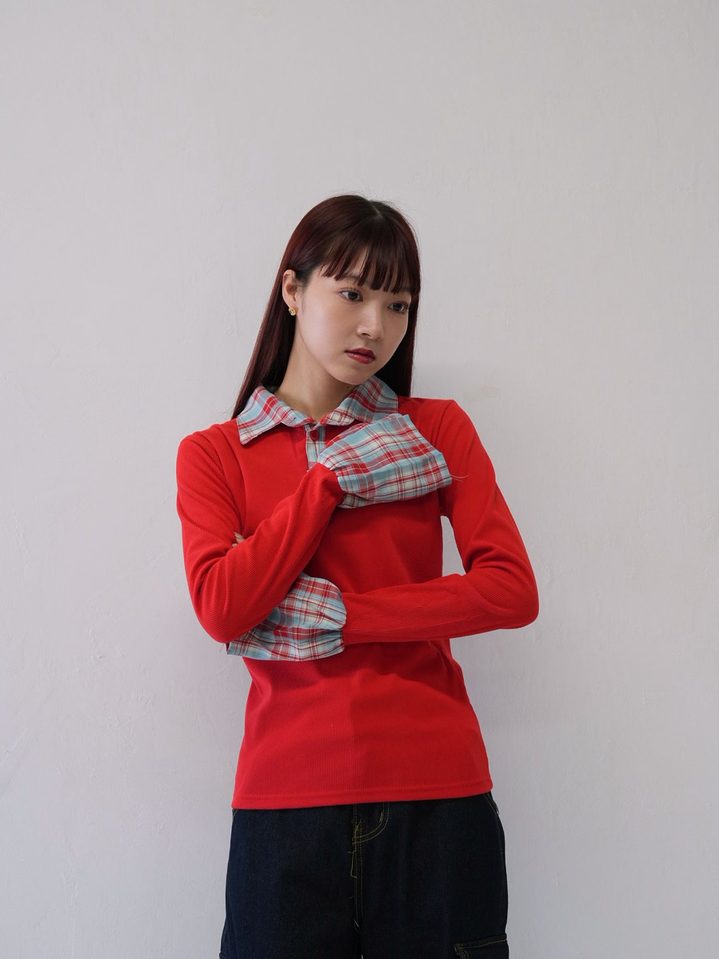 layered check collar top