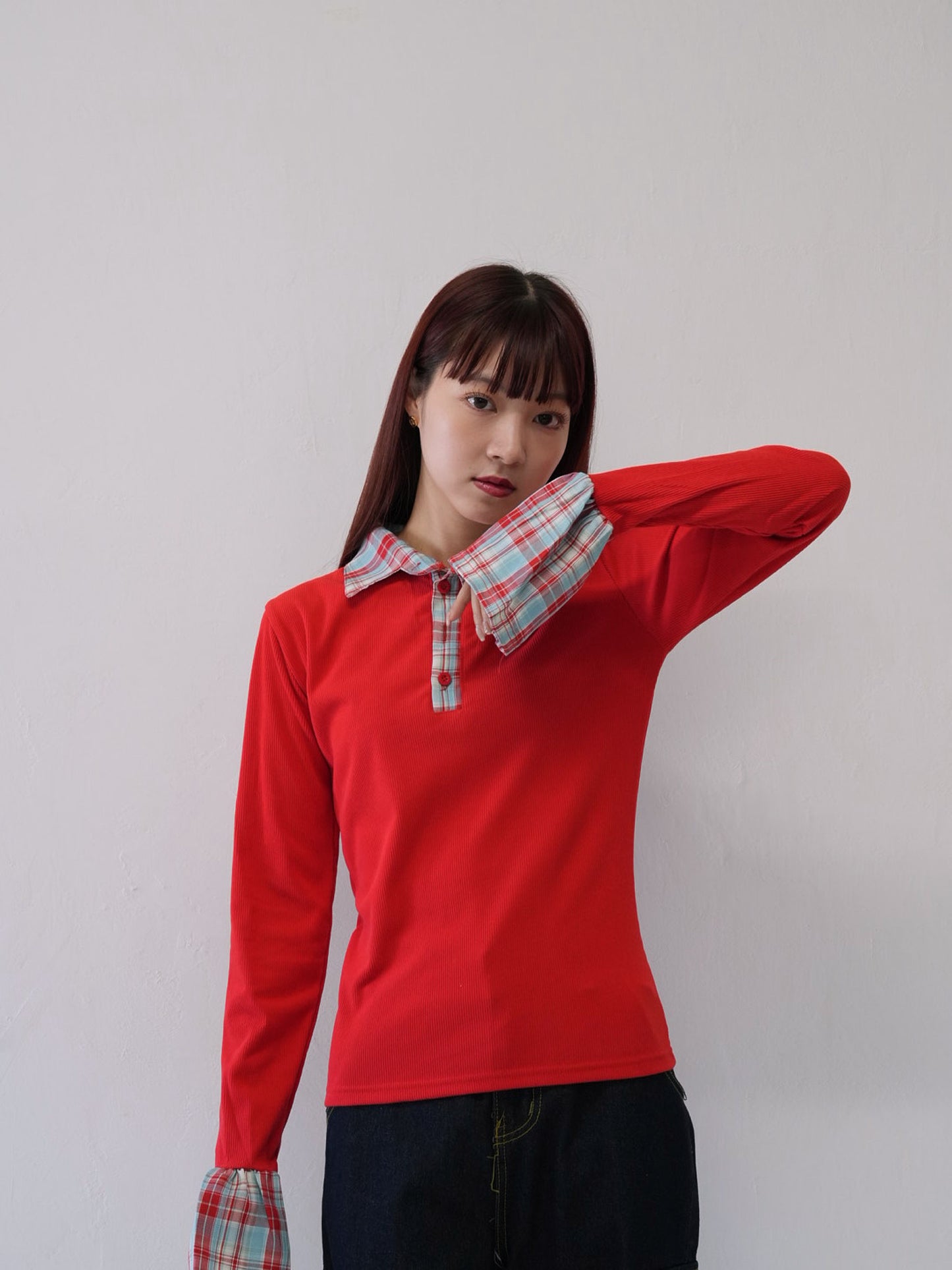 layered check collar top