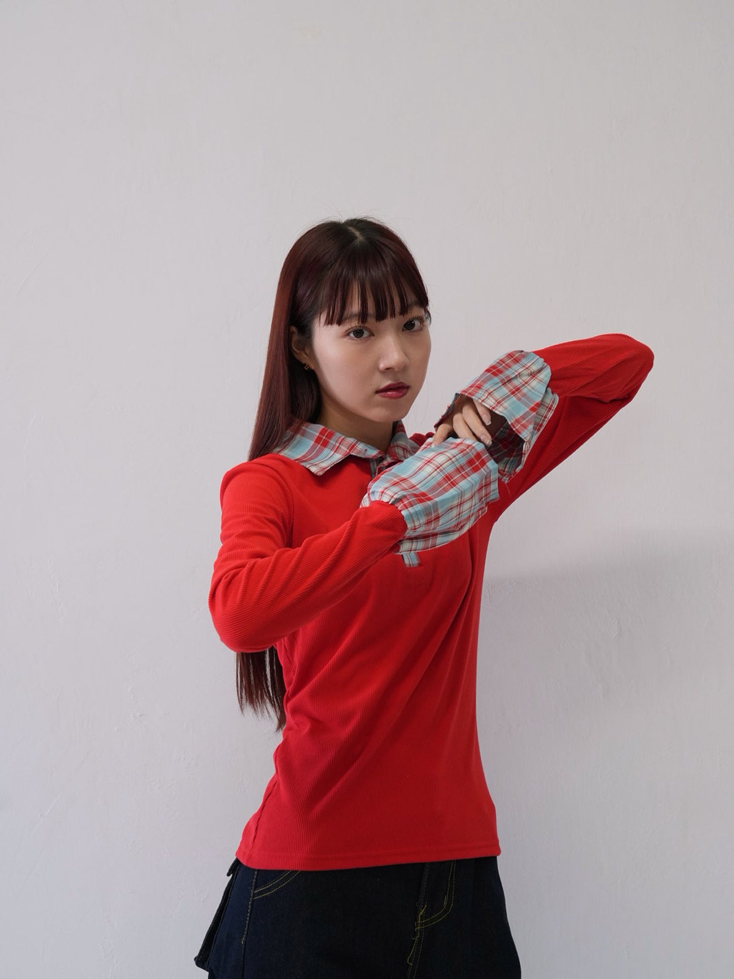 layered check collar top