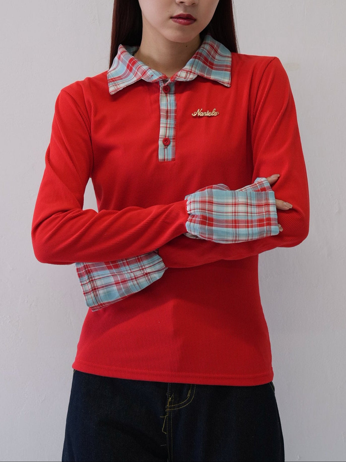 layered check collar top