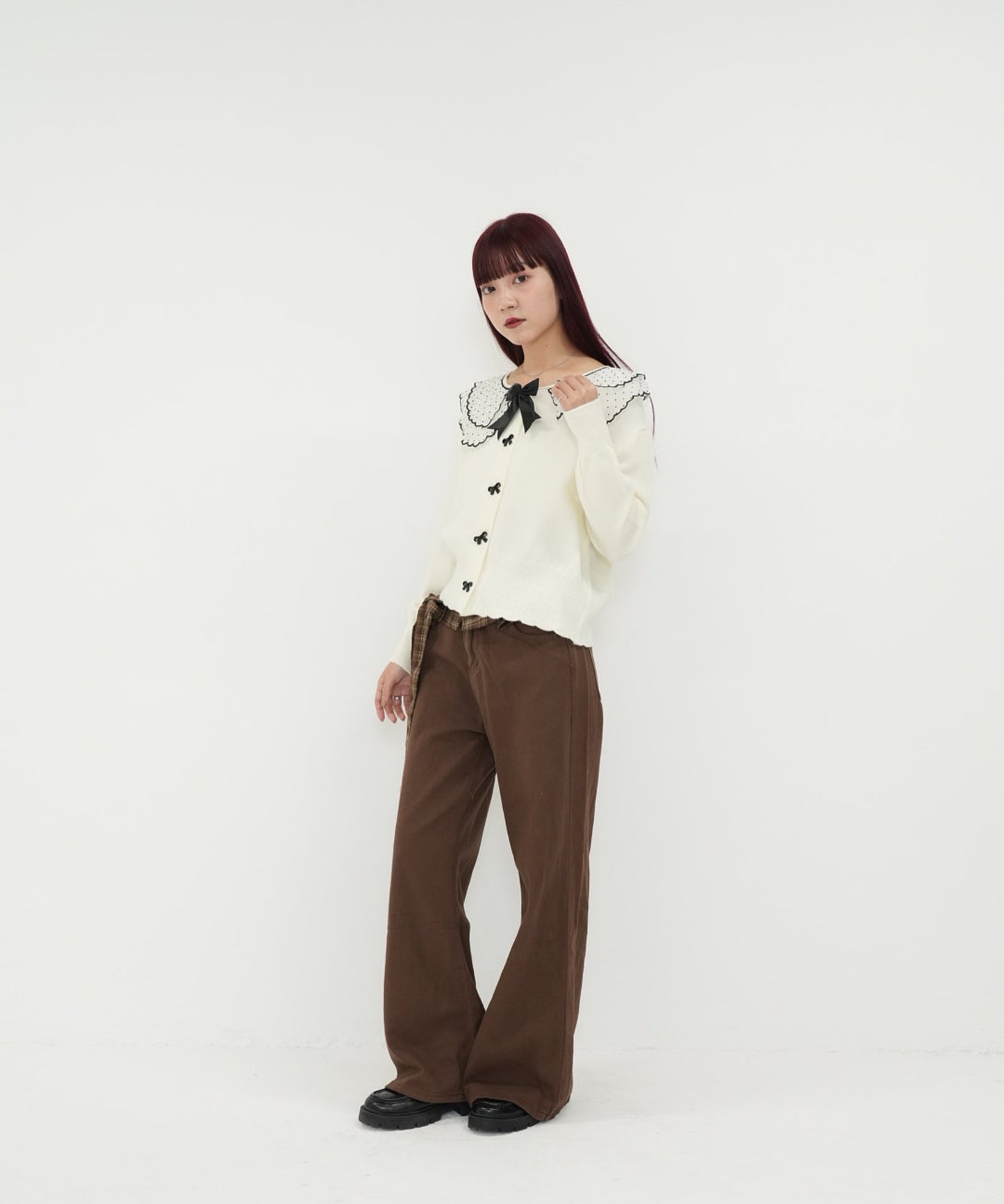 check belt wide pants