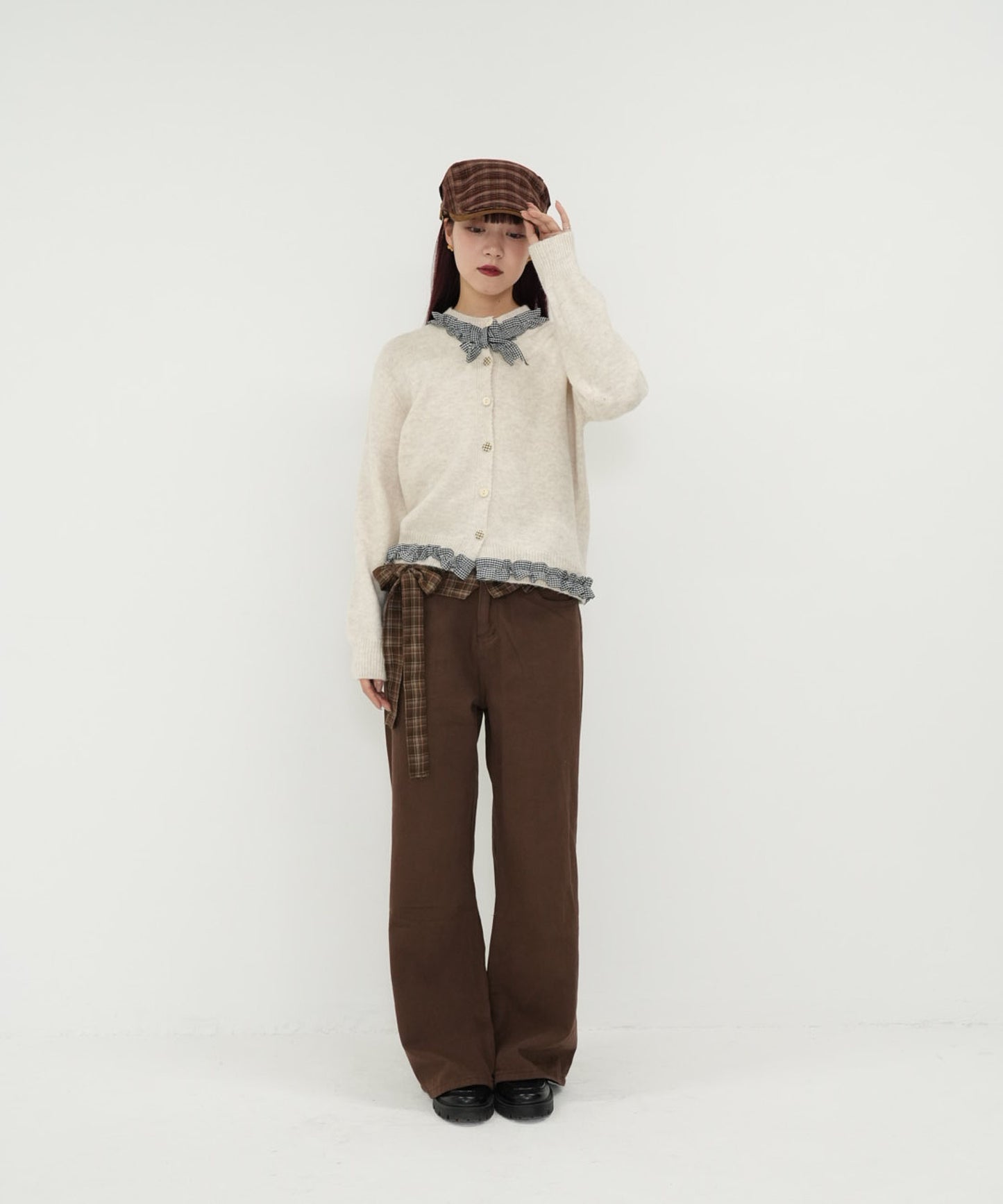 check belt wide pants