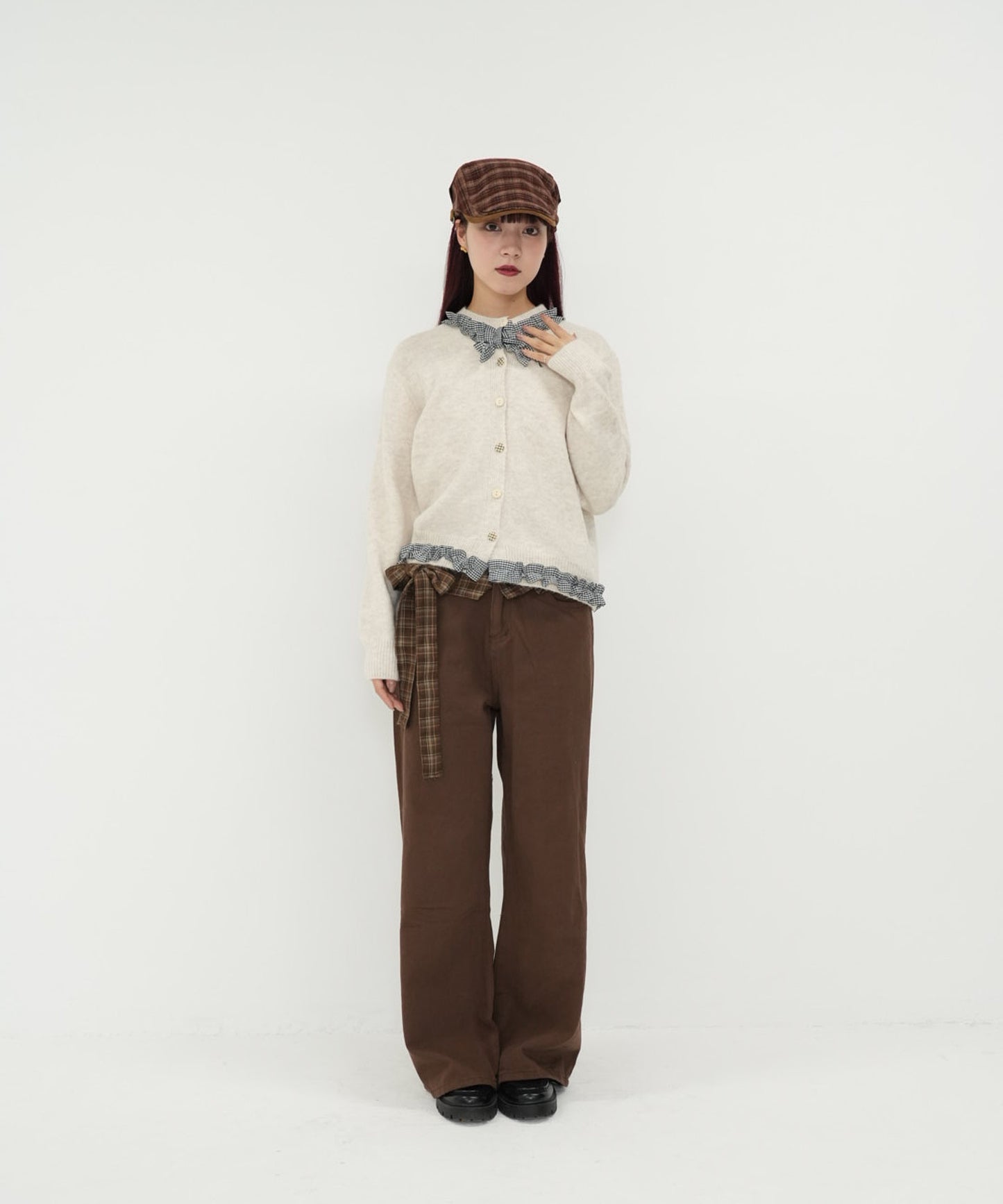 gingham frill knit cardigan