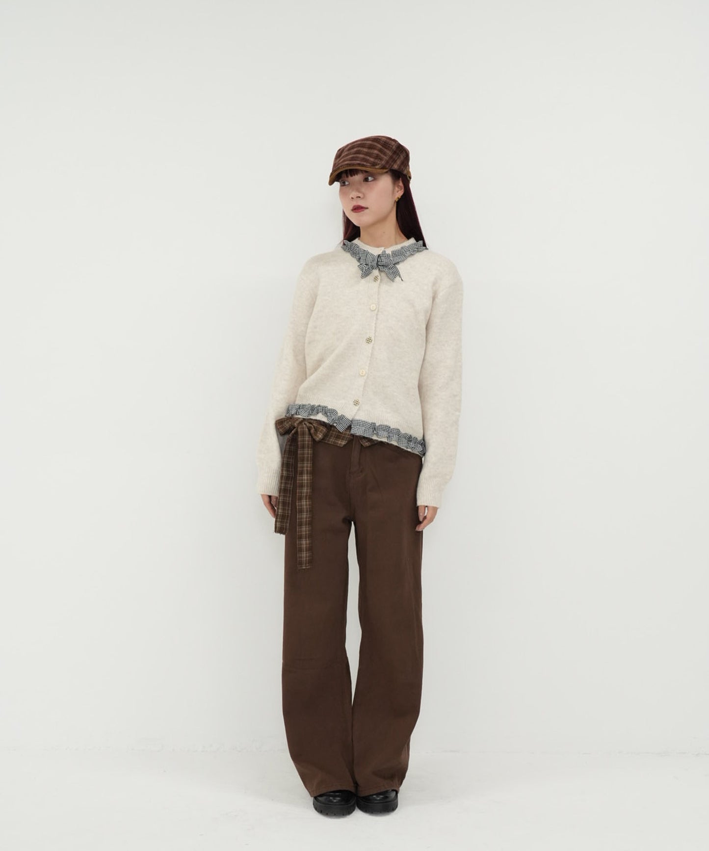 gingham frill knit cardigan