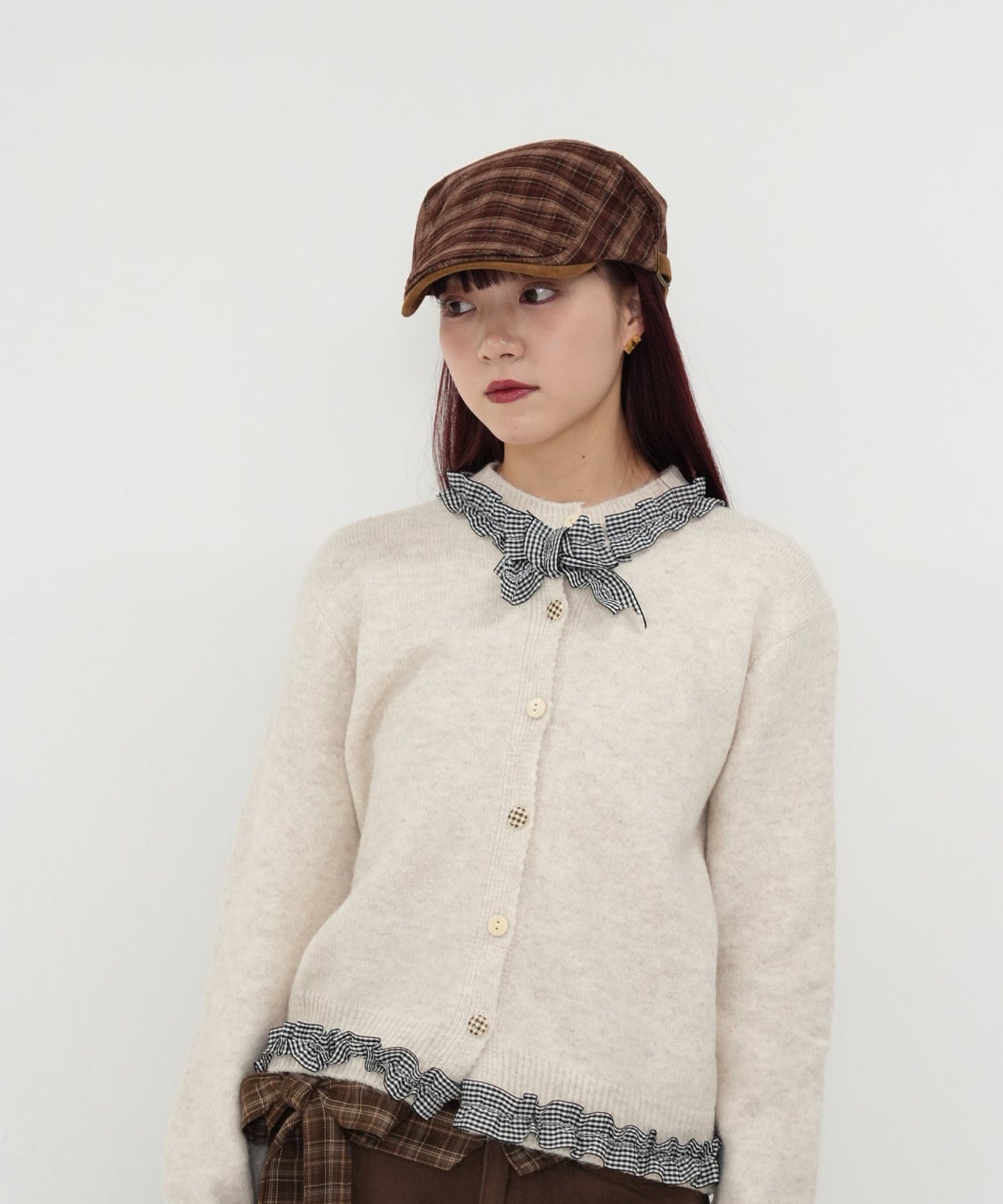 gingham frill knit cardigan