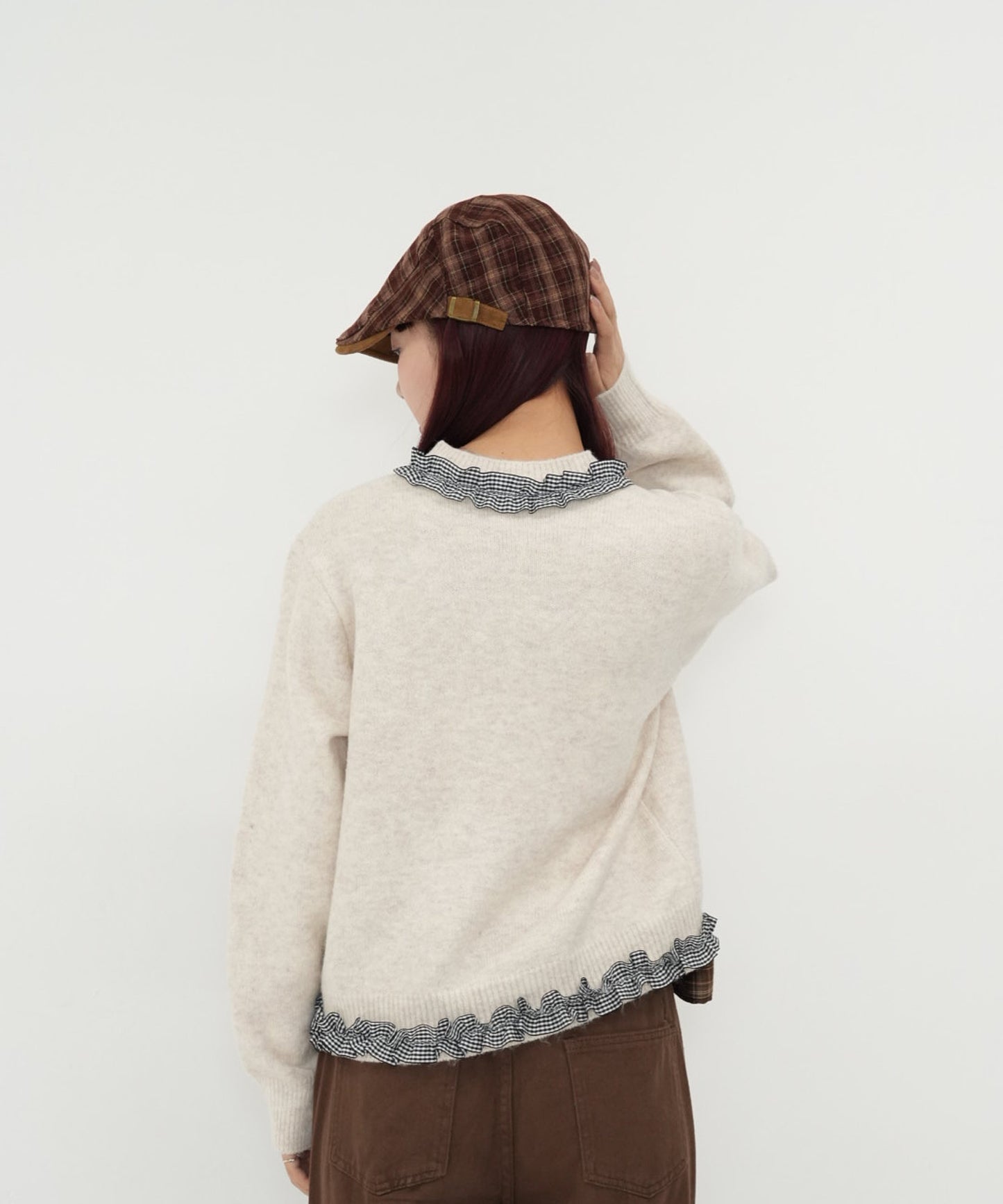 gingham frill knit cardigan