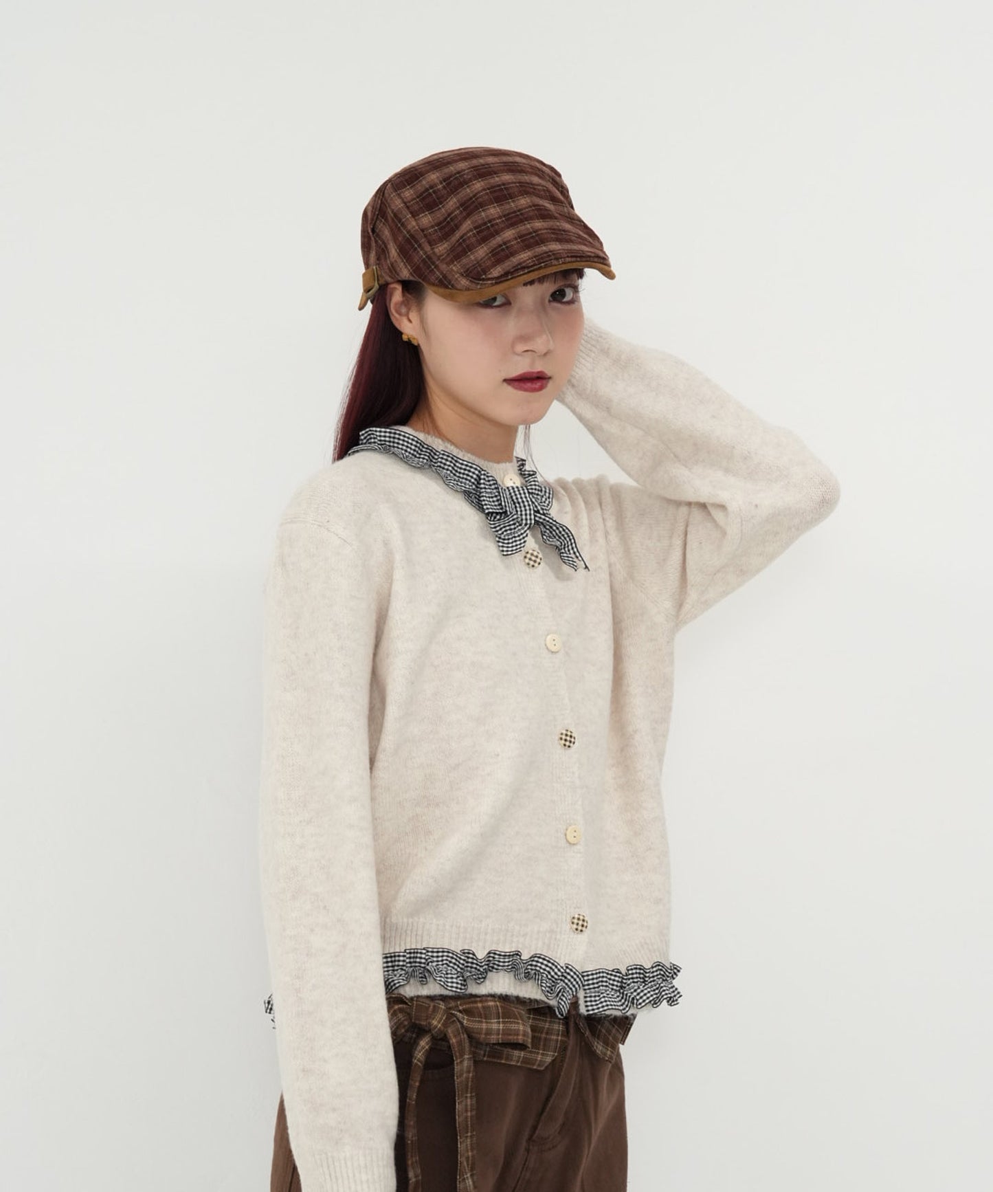 gingham frill knit cardigan