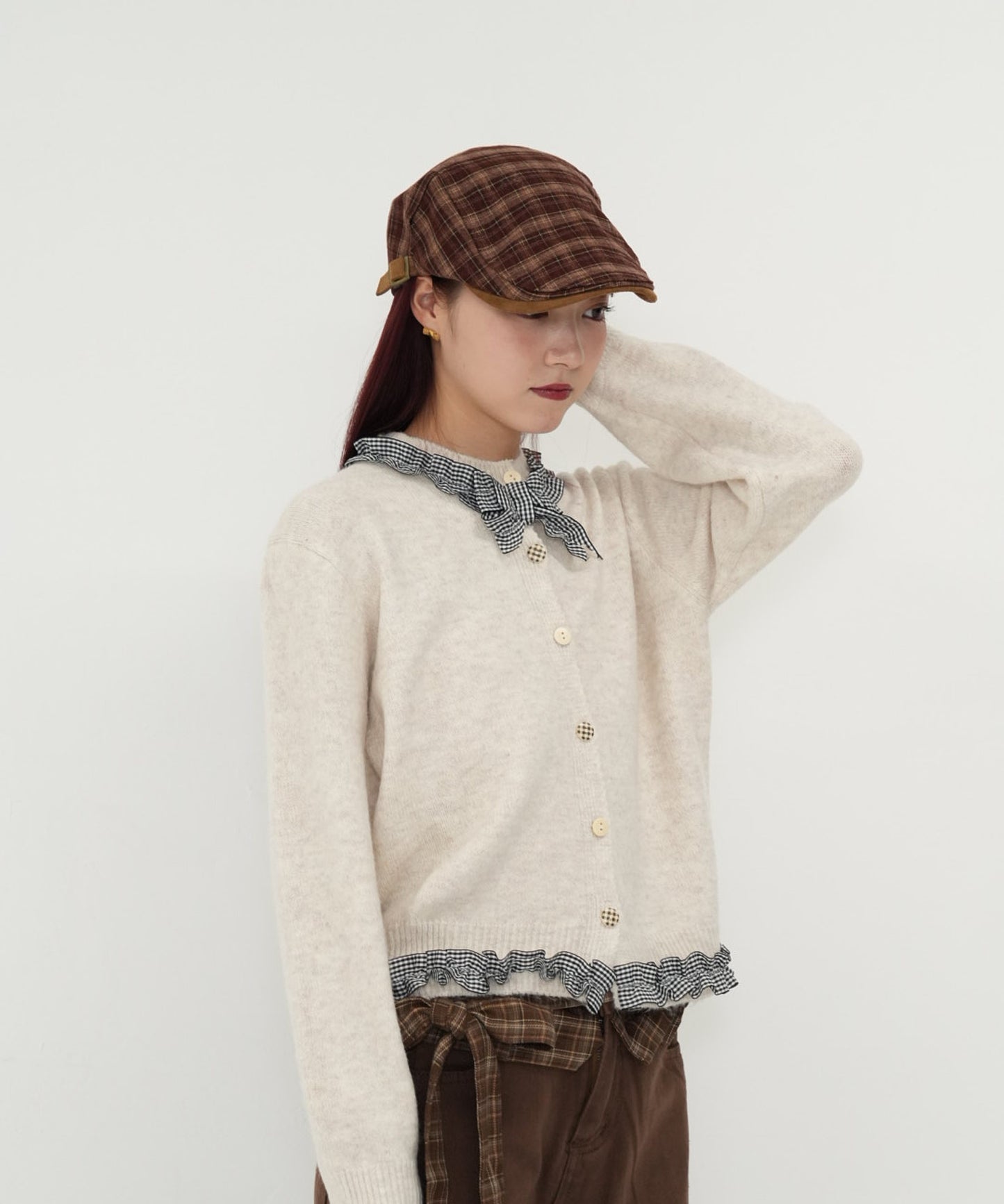 gingham frill knit cardigan
