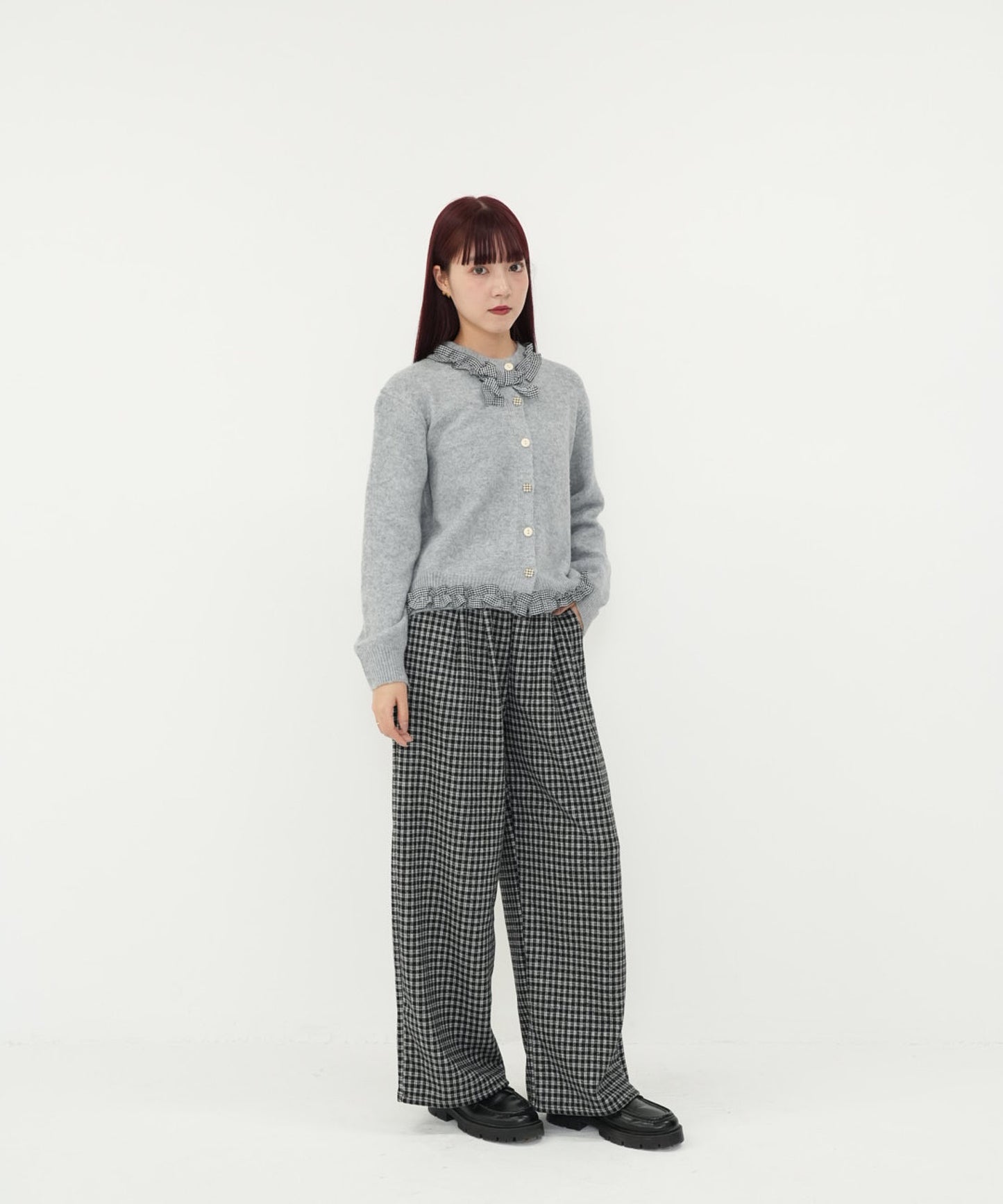 gingham frill knit cardigan