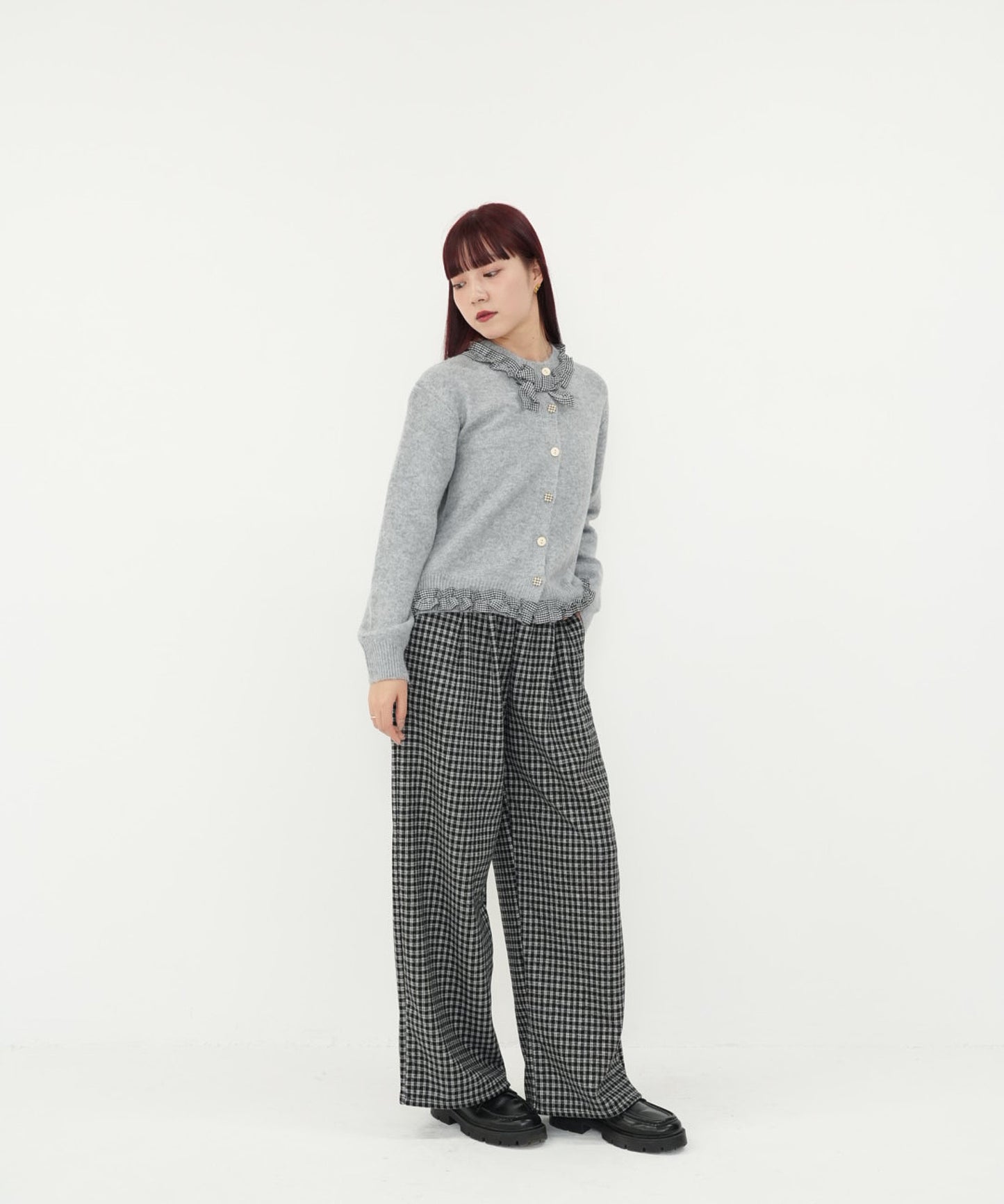 gingham frill knit cardigan