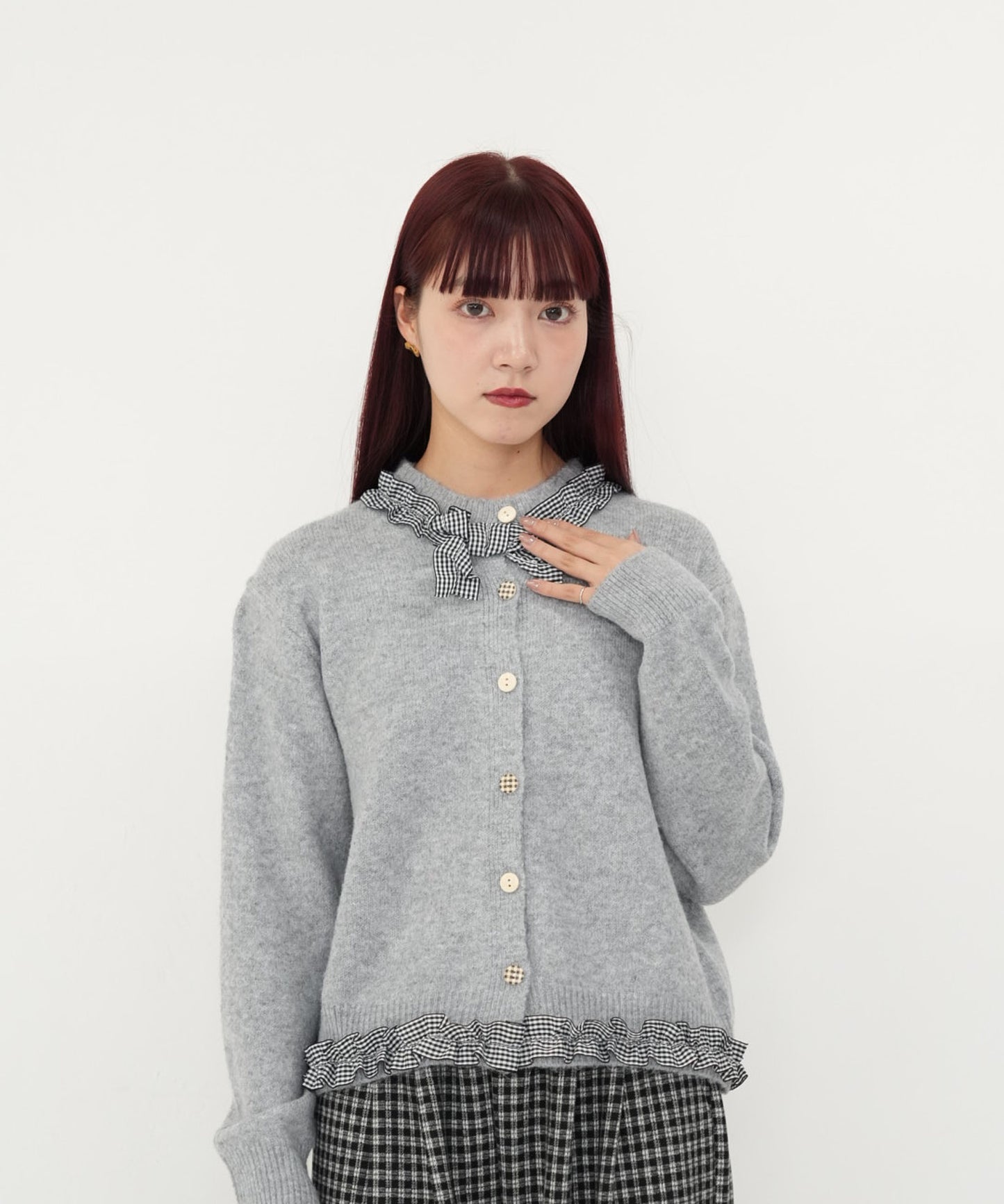 gingham frill knit cardigan