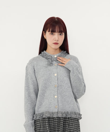 gingham frill knit cardigan