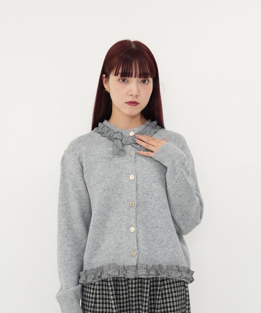 gingham frill knit cardigan