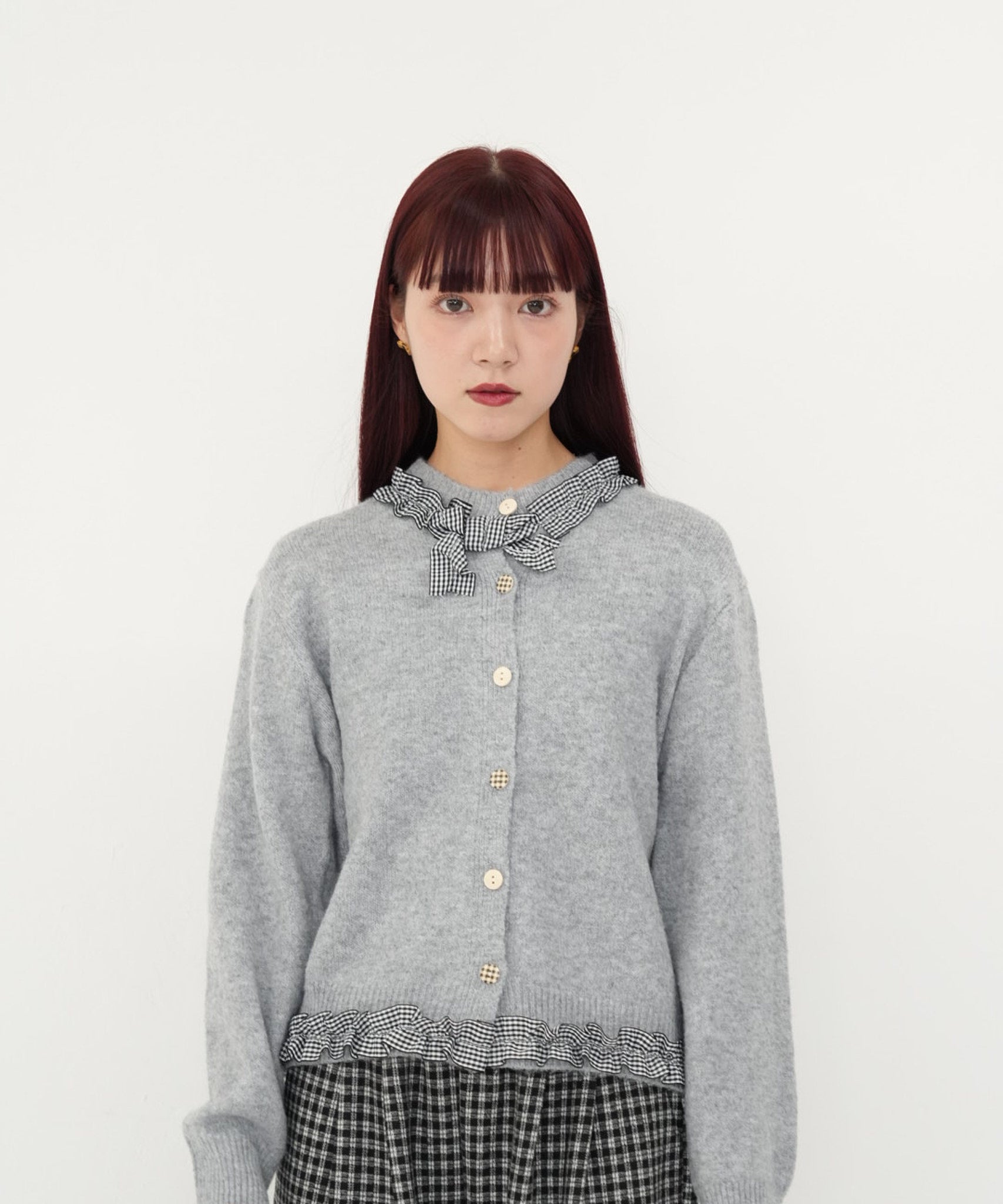 gingham frill knit cardigan – Cunii