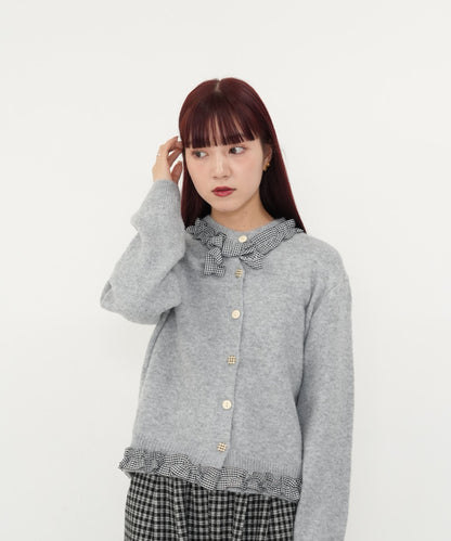 gingham frill knit cardigan