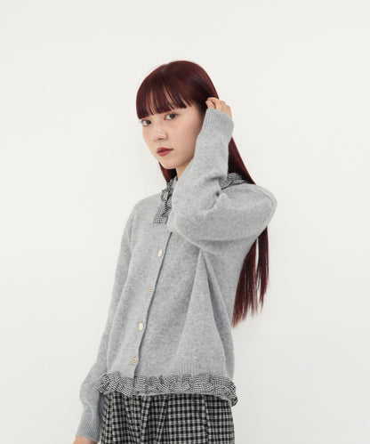 gingham frill knit cardigan