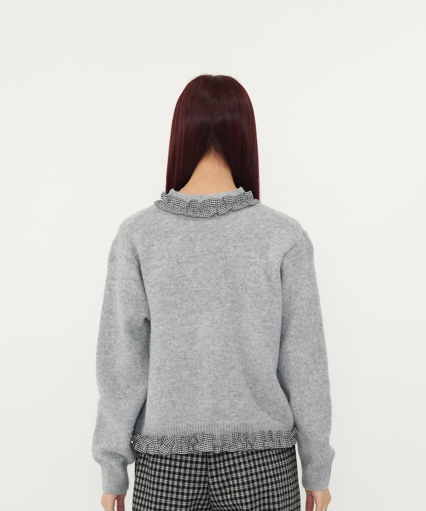 gingham frill knit cardigan