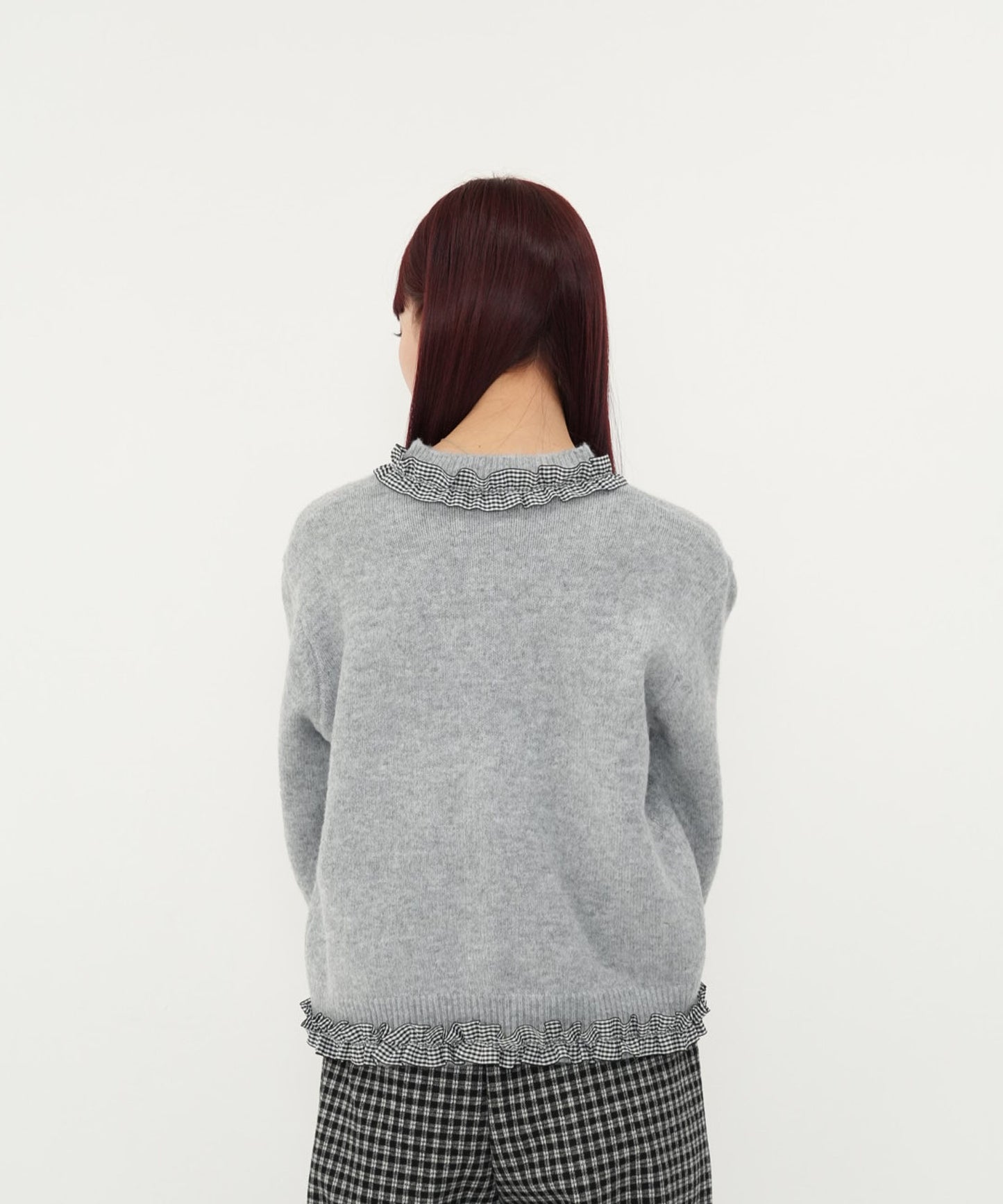 gingham frill knit cardigan