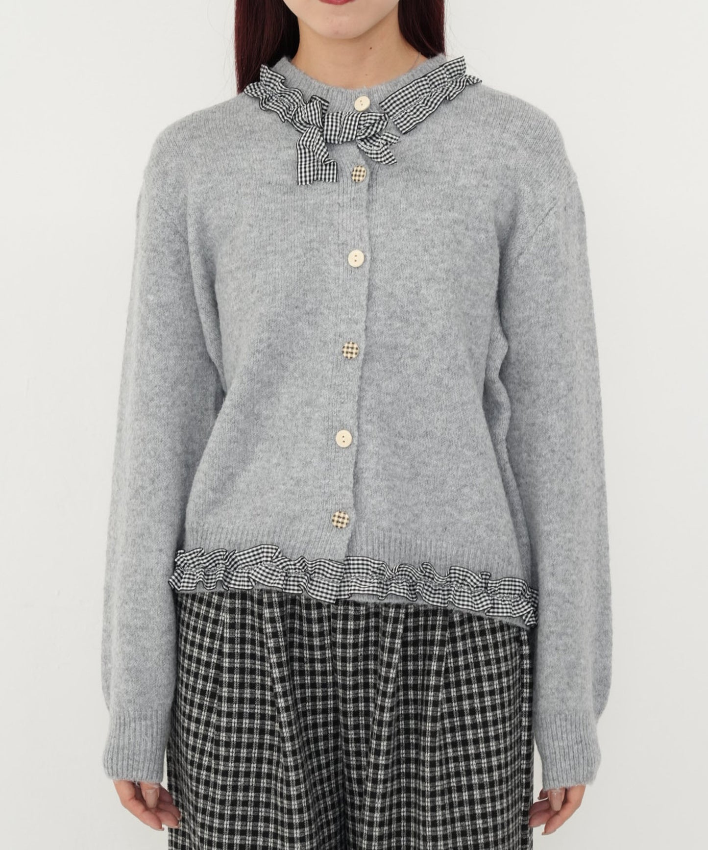 gingham frill knit cardigan
