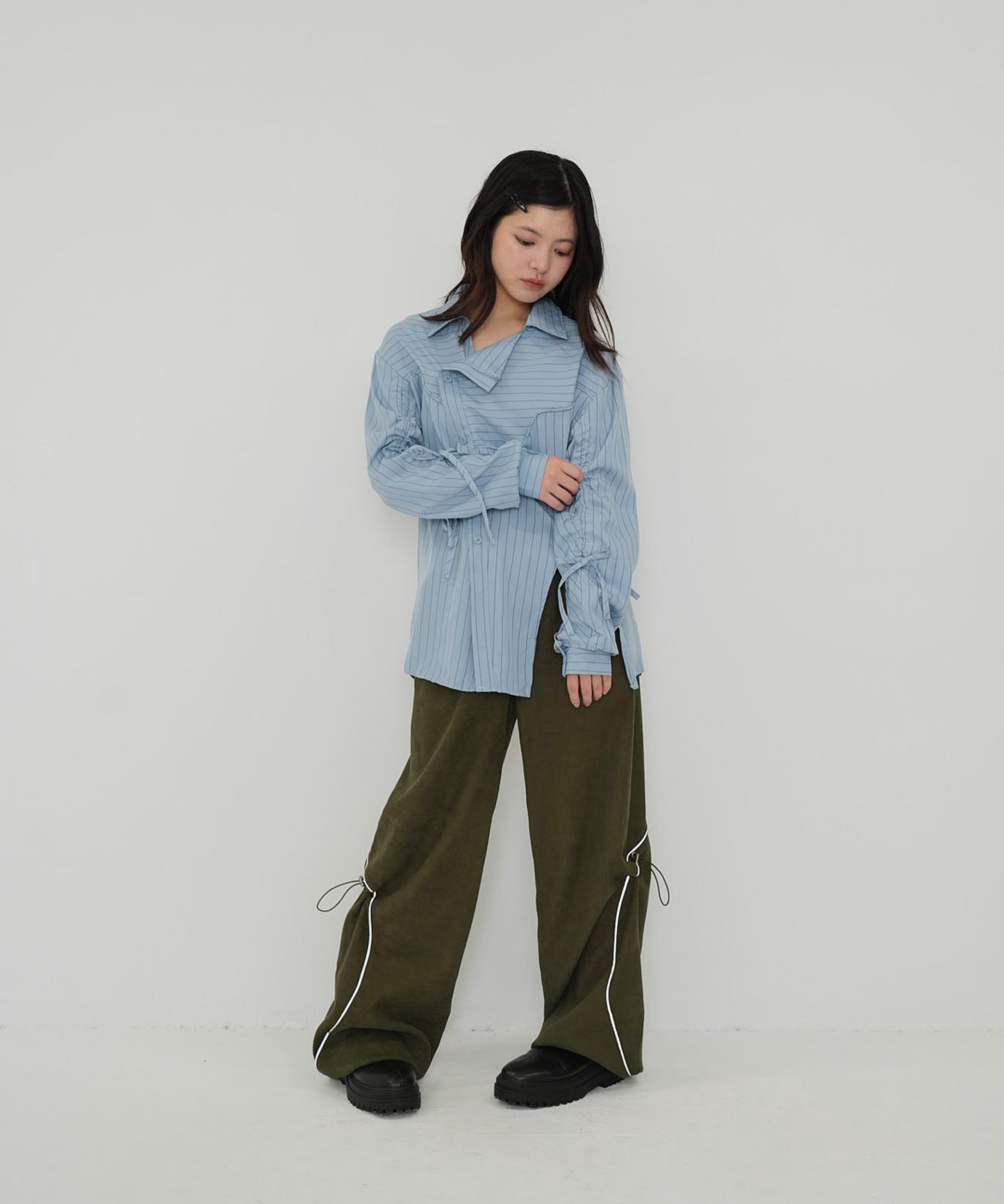 drawstring sleeve stripe blouse