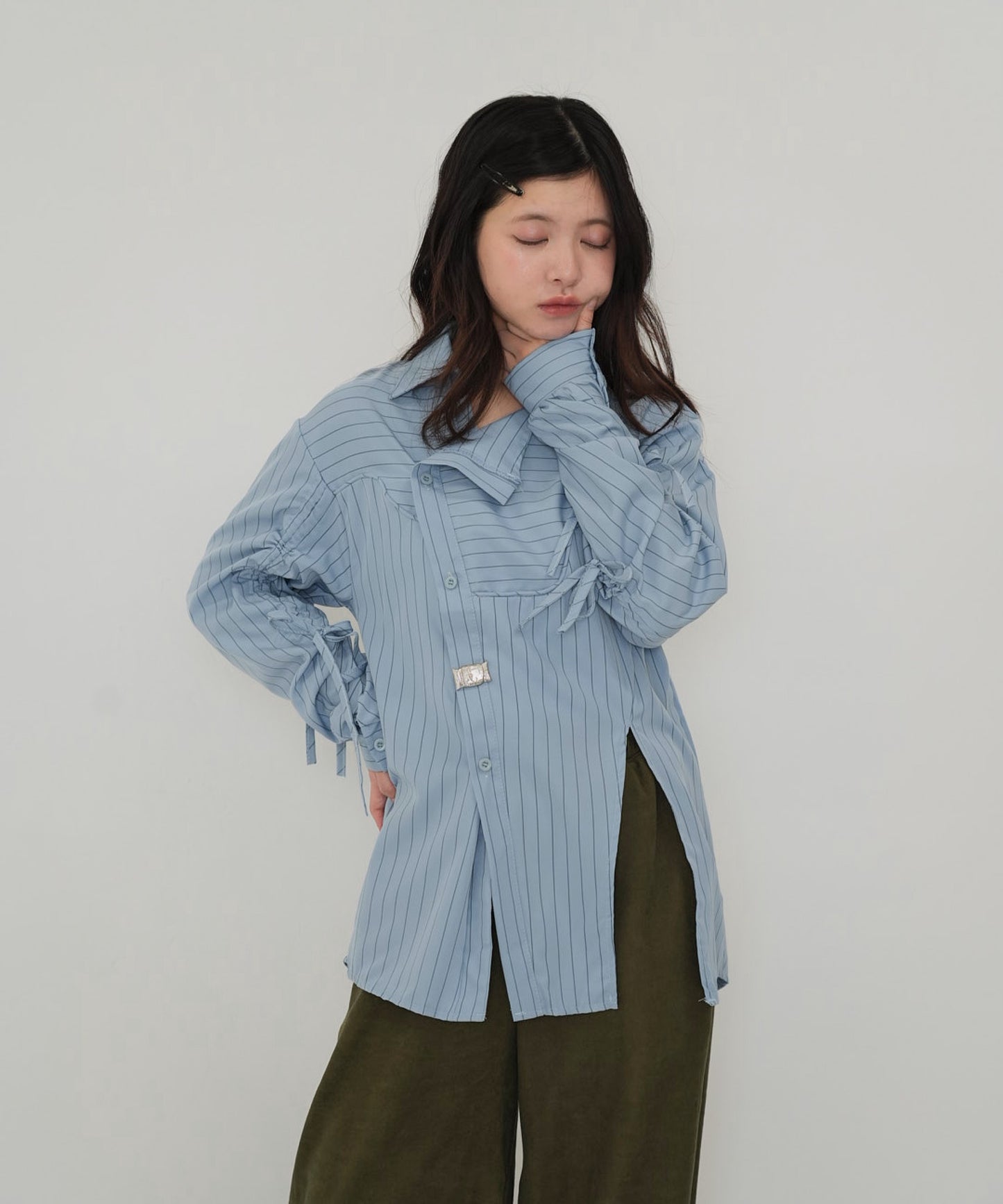 drawstring sleeve stripe blouse