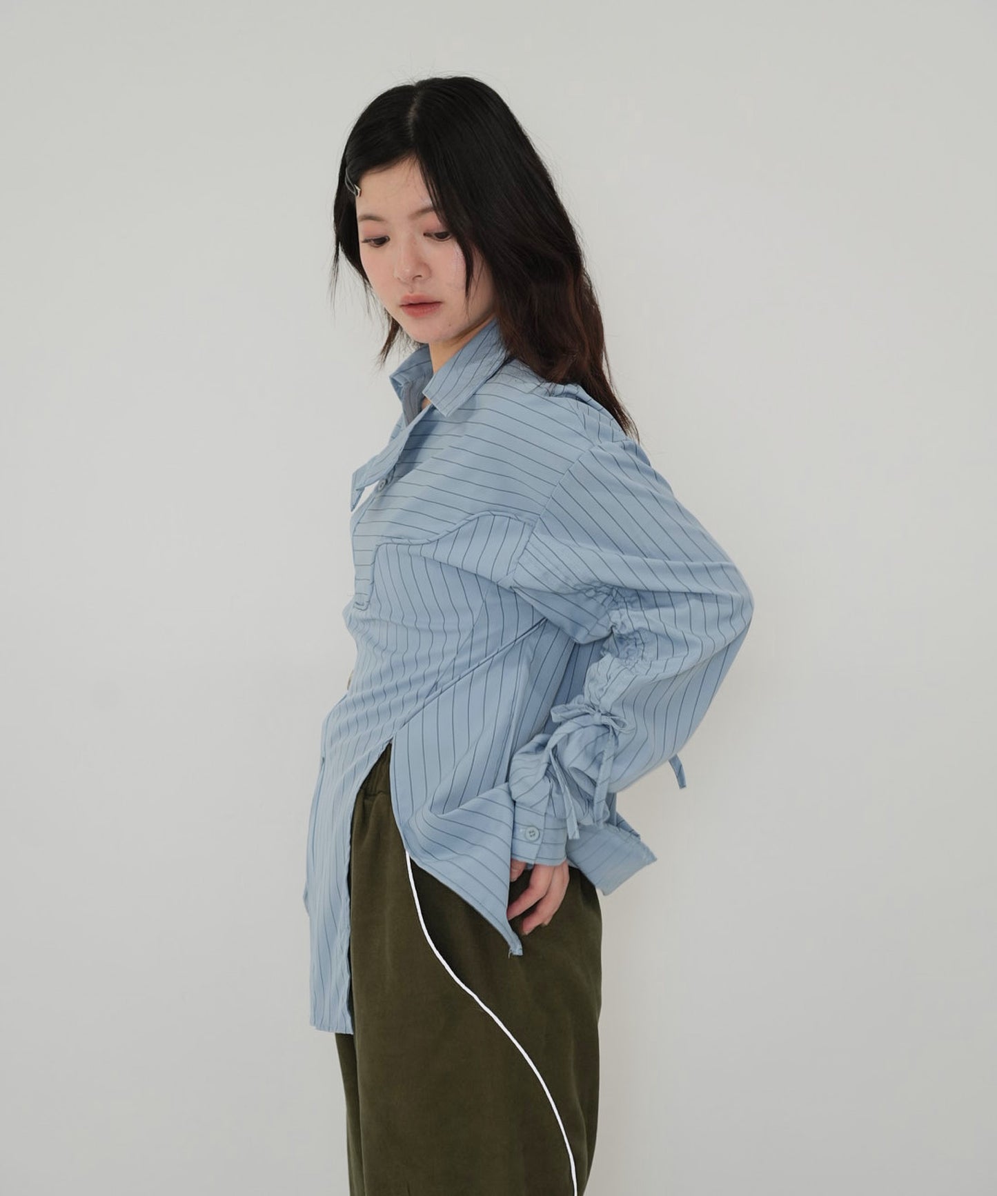 drawstring sleeve stripe blouse
