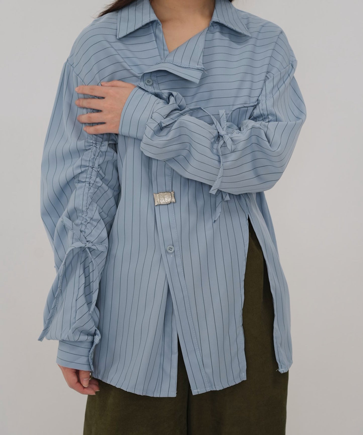 drawstring sleeve stripe blouse