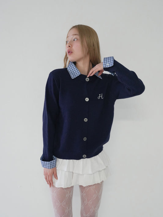 layered check knit cardigan